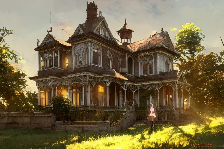 Prompt: an ornate victorian house, party inside, scene in an open field. 1 8 9 0, key visual, conceptart, ambient lighting, highly detailed, digital painting, artstation, concept art, sharp focus, by makoto shinkai and akihiko yoshida and greg manchess