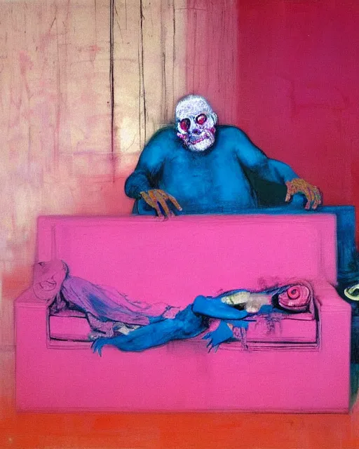 Image similar to thick expressionist acrylic painting of an old dead man sitting on a couch while his wife is crying,  pink and teal and orange and purple Beksinski painting, part by Francisco Goya and Gerhard Richter. art by James Jean, Francis Bacon masterpiece