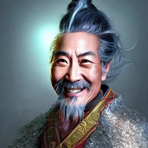 Image similar to portrait painting of a 6 0 year old smile handsome taoist priest, silver ponytail hair, amiable by yangjun chen, huang guangjian, fenghua zhong, wenjun lin, nadar, bright colors, octopath traveler, unreal engine 5 highly rendered, global illumination, radiant light, detailed and intricate environment