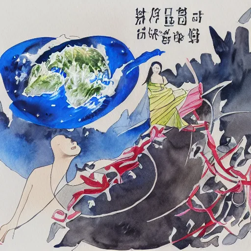 Image similar to our desperation, selfishness, and our effort to save the world and ourselves in the face of all this modernity stand before us like a lyrical blow of wind, watercolor and pen illustration, by caroline choi