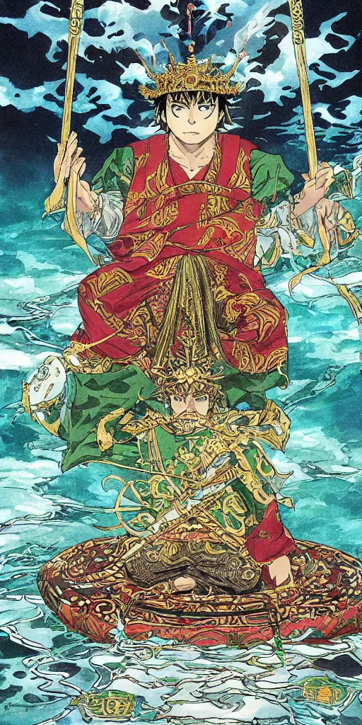 Image similar to a lone emperor sitting on a emerald throne floating on water in the middle of a lake drawn by Makoto Yukimura in the style of Vinland saga anime, full color, detailed, psychedelic, Authority, structure, a father figure, tarot card