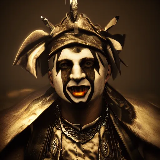 Image similar to jester warrior, dramatic lighting, cinematic, 4k