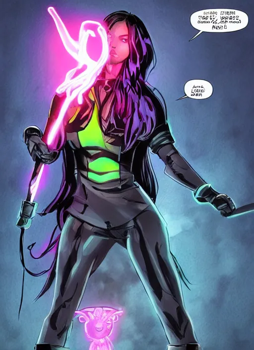 Prompt: comic book art of a [ woman ] with [ long black hair ] holding a [ neon sword ], [ soldier ] in trenchcoat with [ glowing ] boots, in [ battle ] with a [ giant ] dark horned creature from hell