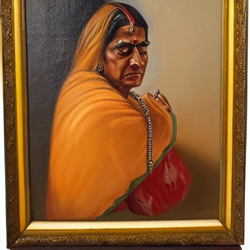 Prompt: oil painting portrait of an indian woman sitting in deep thought