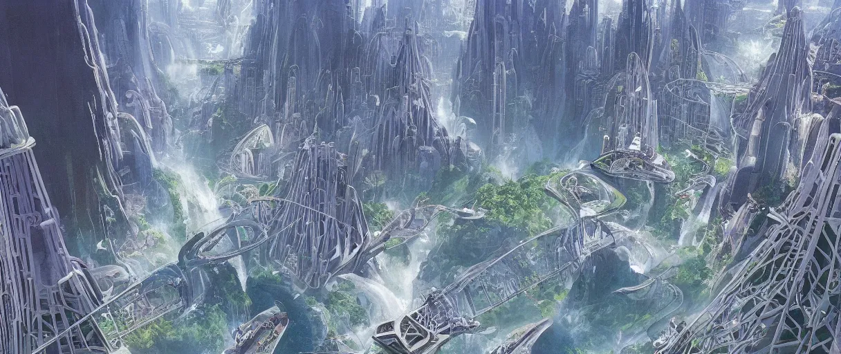 Image similar to A beautiful illustration of a futuristic city of bridges built on a world of waterfalls by Robert McCall and Ralph McQuarrier | sparth:.2 | Time white:.2 | Rodney Matthews:.2 | Graphic Novel, Visual Novel, Colored Pencil, Comic Book:.6 | unreal engine:.3 | | viewed from above | establishing shot:.7