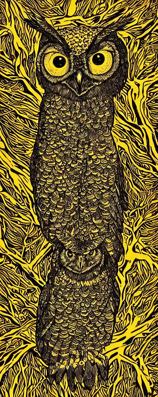 Prompt: beautiful hyperrealist highly detailed psychedelic music poster of a great horned owl on a tree branch, symmetrical full body, beautiful high contrast woodcut, moebius and charles burns comic style, shocking detail trending on artstation 8 k