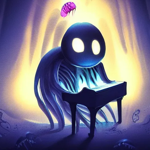 Prompt: scary creature playing the piano, glowing jellyfish in the background, scary lighting, stunning digital art, artstation, hollow knight style