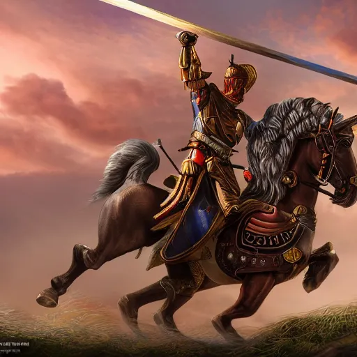 Prompt: peter the first on battle horse with incrustiated armor with high detail in universe of heroes of might and magic, gorgeous, high detail, cinema 4 d, beautiful, battle, magic, fantasy, war, castle, battle, flags, imperial russia, sunset, lights, trending on artstation, close - up