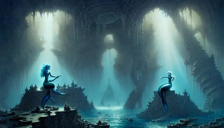 Image similar to a graceful mermaid looking at the sunken city of Atlantis under water, rays of sunlight, stunning undersea intricate detailed grand architecture in the style of Joe Fenton, art style by Greg Rutkowski and Mohrbacher, deep underwater scene, dark and moody, faint volumetric god rays, grim crushing atmosphere, trending on artstation, masterpiece, claustrophobic