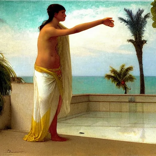 Image similar to Girl throwing gand signs at the palace, thunderstorm, pool, beach and palm trees on the background major arcana sky, by paul delaroche, alphonse mucha and arnold böcklin arnold böcklin hyperrealistic 8k, very detailed