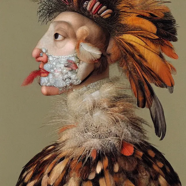 Image similar to a beautiful profile portrait of a beautiful contemporary female, various feathers, by giuseppe arcimboldo, photo realistic, realistic materials.