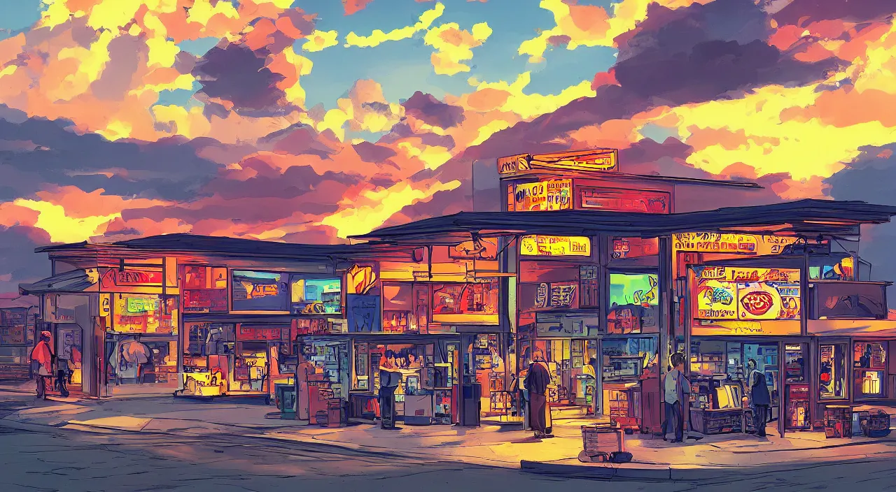 Prompt: convenience store roadside south west sunset sky beautiful artstation 4 k breathtaking graphic novel concept art illustration cartoon by jack kirby