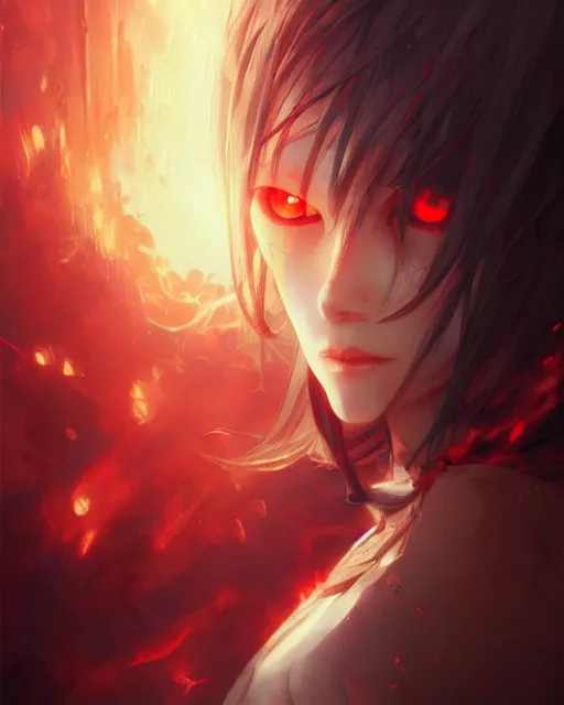 Image similar to red eyed anime girl, flames everywhere, highly detailed, digital painting, artstation, concept art, smooth, sharp focus, illustration, art by artgerm and greg rutkowski and alphonse mucha