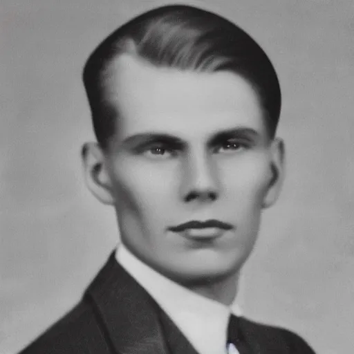 Image similar to A photograph portrait of Jerma985 wearing a suit with short slicked hair in the early 1930s, taken in the early 1930s, grainy, taken on a early 1930s Kodak Camera, realistic, hyperrealistic, very realistic, highly detailed, very detailed, extremely detailed, detailed, digital art, trending on artstation