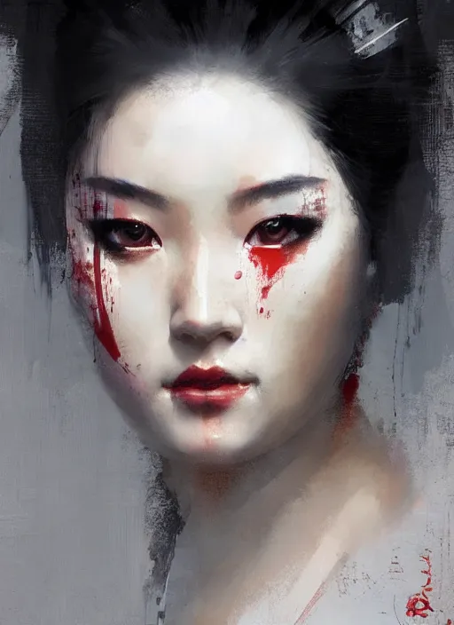 Image similar to female geisha girl, beautiful face, by greg rutkowski, by jeremy mann, digital painting