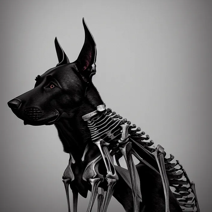 Image similar to belgian malinois, skeleton. intricate artwork. by Tooth Wu, wlop, beeple, dan mumford. octane render, trending on artstation, greg rutkowski, very coherent symmetrical artwork. cinematic, hyper realism, high detail, octane render, 8k, iridescent accents, deep blacks