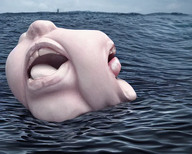 Prompt: a massive porcelain sculpture on the ocean water of a distorted human face vomiting jelly from his mouth, funny sculpture, lucid dream series, cinematic, hyper - realistic, very detailed, realistic water splashes, ray tracing, 8 k resolution, long - shot, sharp focus, low angle, 8 5 mm photograph, wide lens