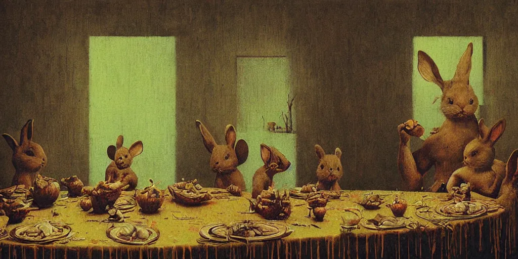 Image similar to Bunny Family Dinner painting by Beksinski