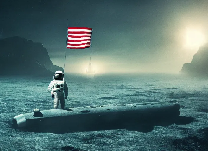 Image similar to astronaut holding a flag in an underwater desert. a submarine is visible in the distance. dark, concept art, cinematic, dramatic, atmospheric, 8 k, trending on artstation, blue, fish, low visibility, fog, ocean floor, christopher nolan, interstellar