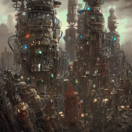 Image similar to robot city, steampunk art, fantasy style, super high detail, super high quality, talented artist, trending on artstation, machinarium