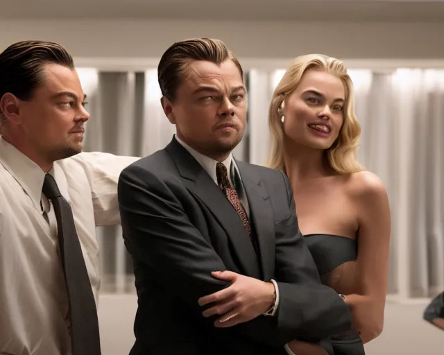 Prompt: leonardo dicaprio as the wolf of wall street standing next to margot robbie, cinamtic, long shot, hyper detailed, 8 5 mm photograph, 8 k resolution, film still, sharp lens, wide lens