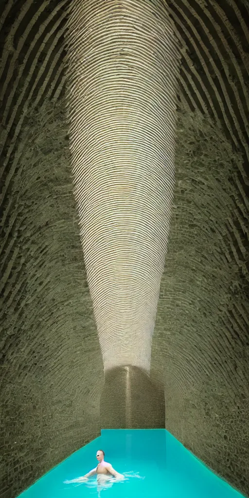 Prompt: a man swims laps in a dark green pool. photo inside underground geometric ribbed gothic vaults by andrew kudless. sunlight streams in from sky between arched ribs. architectural photography. 4 k, 8 k. volumetric lighting. dark, somber, moody lighting. structural arch vaults. ivy and many plants hanging from ceiling, weathered concrete.