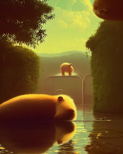 Prompt: white capybara relaxing, surreal photography, synth dramatic light, impressionist painting, colorful clouds, digital painting, artstation, kilian eng, john harris, bastien lecouffe - deharme, simon stalenhag, flower face