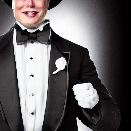 Prompt: 4 k highly detailed portrait 3 / 4 photography by elon musk wearing a tuxedo tuxedo and a top hat top hat smiling happy and satisfied