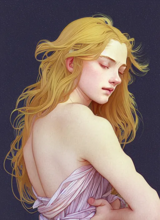 Image similar to pretty young man with shoulder length shiny shimmering golden blond hair, head down, demure, shy, path traced, highly detailed, high quality, digital painting, by studio ghibli and alphonse mucha, leesha hannigan, disney