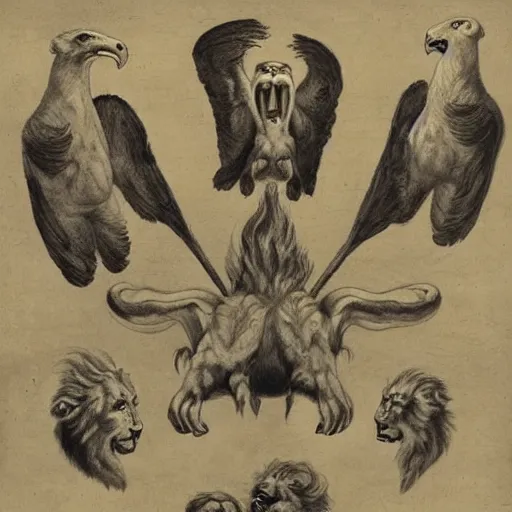 Image similar to four living creatures that had eyes all over their bodies, in front and behind. The first of them looked like a lion; the second looked like a bull; the third looked like a human being, and the fourth looked like an eagle in flight. Each one of these living beings had six wings, and eyes on all sides, and they did not stop singing day and night, hiperrealista, unreal engine 5, cinema4D, octane render Detailed, cinematographic, artstation Greg rutkowski