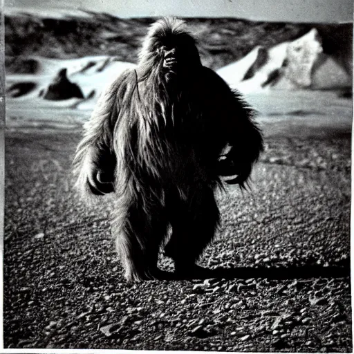 Image similar to an old photograph of a yeti in the arctic wastes