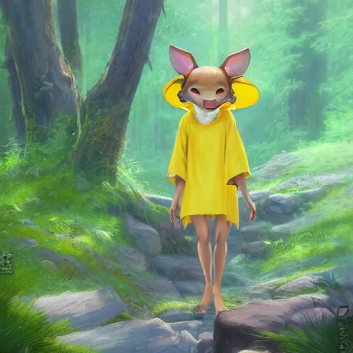 Image similar to concept art painting of an anthropomorphic doe wearing yellow robes, in the deep forest, realistic, detailed, cel shaded, in the style of makoto shinkai and greg rutkowski and james gurney