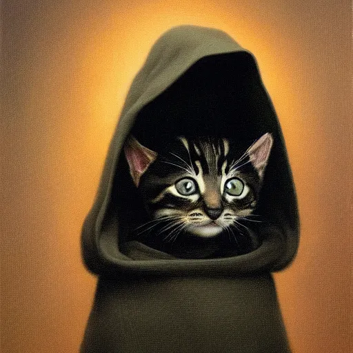 Image similar to a portrait of a kitten wearing a black hood, cloak covering face, anatomically correct, beautiful perfect face, enigmatic, oil painting, matte, black background, Volumetric dynamic lighting, Highly Detailed, Cinematic Lighting, Unreal Engine, 8k, HD, by Beksinski