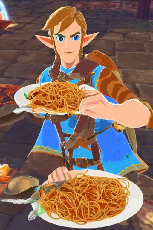 Image similar to in game footage of link from the legend of zelda breath of the wild eating spaghetti at a restaurant, breath of the wild art style.