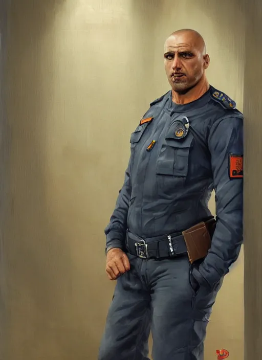 Image similar to portrait of a handsome hunky security guart in a futuristic prison. art by denys tsiperko and dan dos santos. detailed, hyperrealism, 8 k resolution