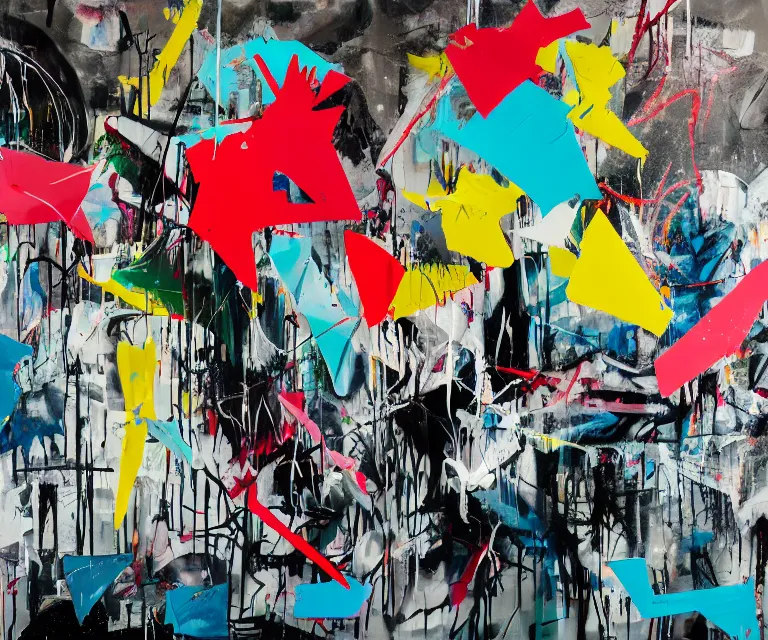 Image similar to acrylic and spraypaint, painting, paint drips, acrylic, graffiti throws, wildstyle, clear shapes, spraypaint, smeared flowers, origami crane drawings, oil pastel gestural lines, large triangular shapes, painting by ashley wood, basquiat, banksy