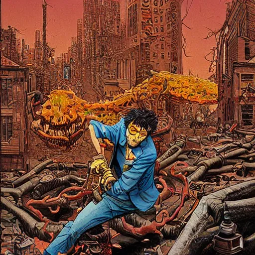Prompt: of a beautiful painting of chainsaw man cutting his way through a city filled with flesh demons by moebius