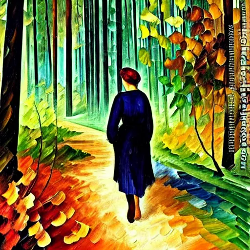 Prompt: a person walking through a forest, art by ivan bilibin and giacomo balla and leonid afremov,