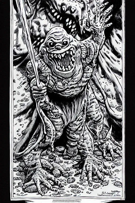 Image similar to slimer ghost as a d & d monster, full body, pen - and - ink illustration, etching, by russ nicholson, david a trampier, larry elmore, 1 9 8 1, hq scan, intricate details, inside stylized border