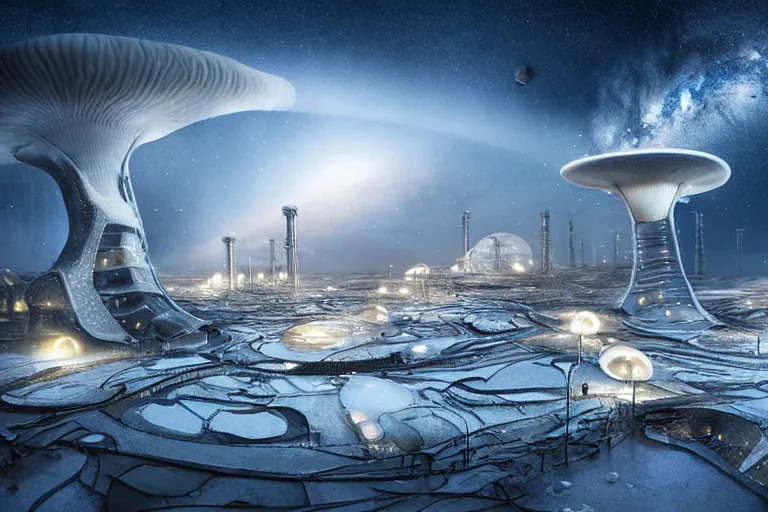 Image similar to favela twisting spaceship fungus, snowy arctic environment, industrial factory, bright, milky way, award winning art, epic dreamlike fantasy landscape, ultra realistic,