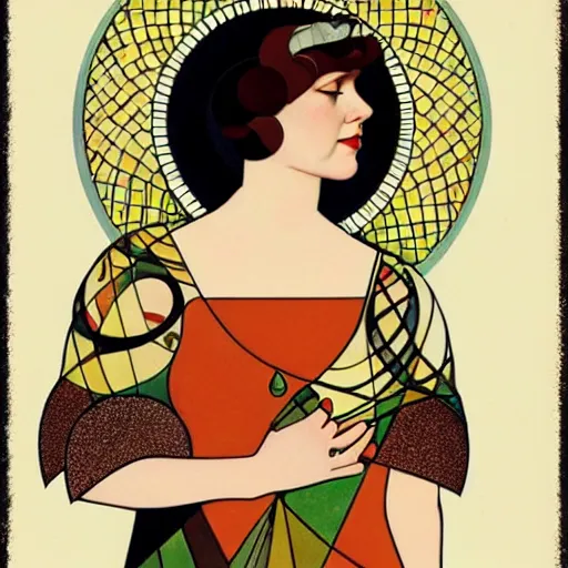 Prompt: Art in the style of Coles Phillips, Gaia, Full figured Mother Earth, portrait, Mucha, Kandinsky, risoprint