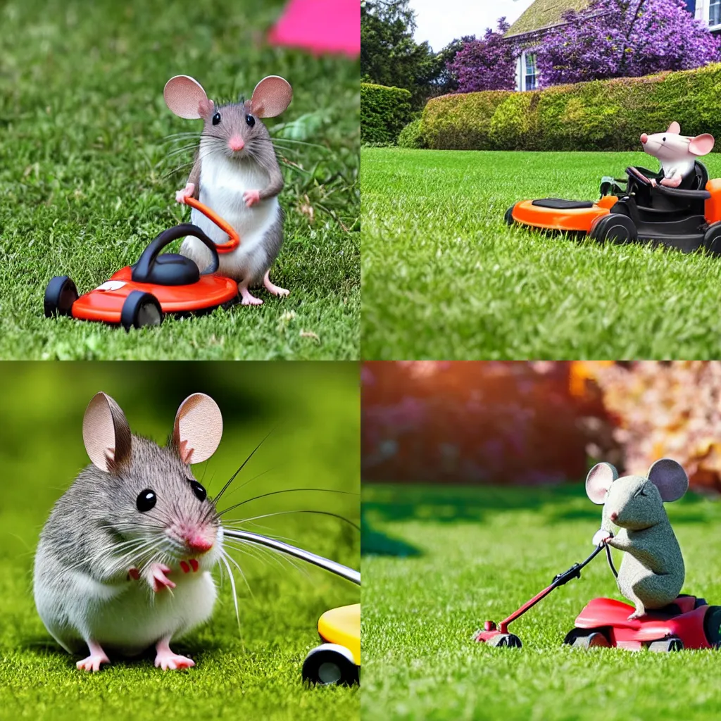 Prompt: a cartoon mouse mowing the lawn