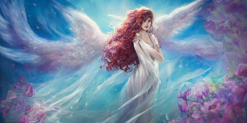 Prompt: a colorful and provenance illustration painting of a angel with her hugeflowers wings spread out gracefully ， detailed, highly detailed, dramatic lighting, hair made of hair made of air wind and curling smoke, mist, dust, genie, flowers, flower, stars, spirit fantasy concept art ， art by charlie bowater and aenami, trending on artstation.