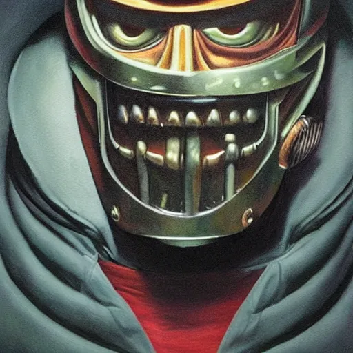 Image similar to beautiful lifelike painting of mf doom is monster zero, hyperreal detailed facial features and uv lighting, art by ed roth and basil wolverton