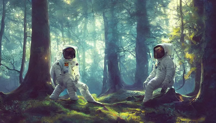 Prompt: A beautiful painting of an Astronaut in a wild magical forest, ray traced sun light, by Cindy Avelino and Kalin Popov , Trending on artstation HD.