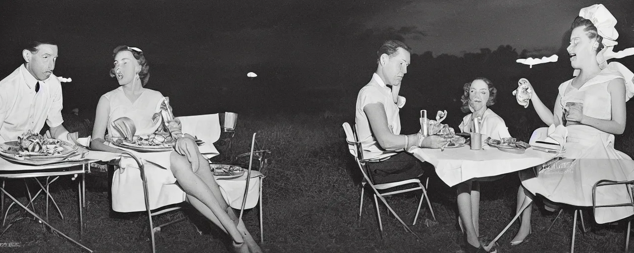 Prompt: 1 9 5 0 s couple eating spaghetti at a drive in movie, in the style of sugimoto, dian arbus,, kodachrome,
