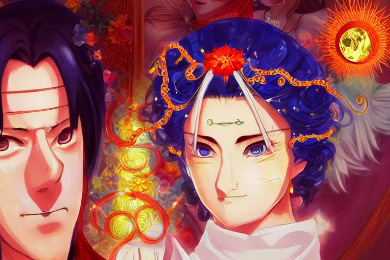 Image similar to a cinematic portrait of wedding photograph jpeg close up moment of a divine a japan sun god and moon goddess lovers magician at a wedding banquet. portraiture. digital painting. artstation. concept art. wedding photo. digital painting. naruto the movie art masterpiece by art by krenz cushart