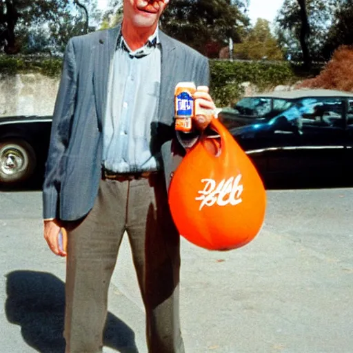 Image similar to hugh hopper on a street corner holding diet pepsi in one hand and an orange in his other hand