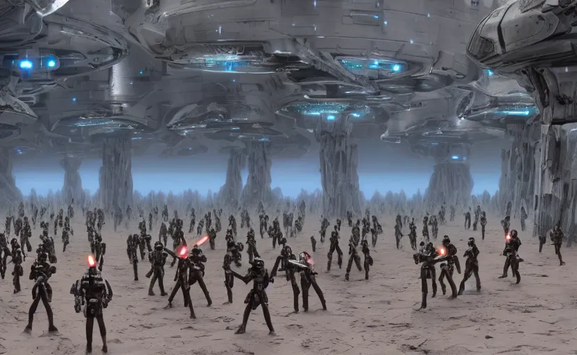 Prompt: still image screenshot jedis outside of the floating jellyfish jedi temples planet, from the tv show mandalorian on disney +, surreal scene with a dozen jedi soldiers igniting lightsabers looking up imperial invasion, anamorphic lens, spaceships in the cloudy sky, 3 5 mm film kodak from empire strikes back 1 9 8 3, octane render