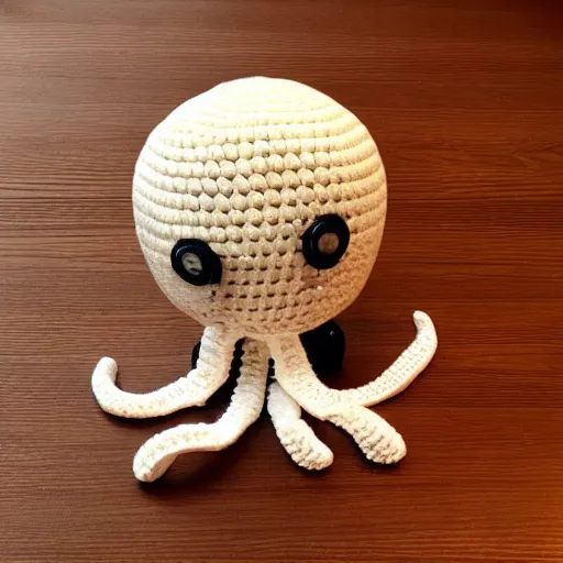 Image similar to crochet octopus eating sushi, photo realistic, indoor lighting